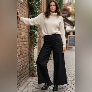 Lee Mathews black wide leg denim pants, side pockets & zipper, side deep slits,0